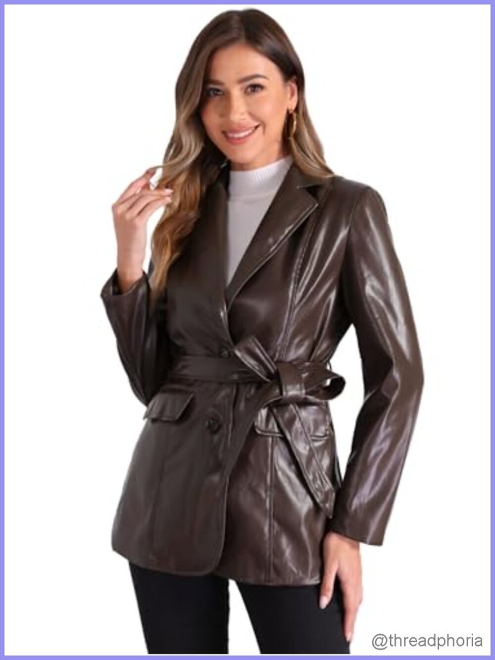 Faux Leather Blazer Jacket Button Down Notched Lapel Tie Waist Coat with Pockets